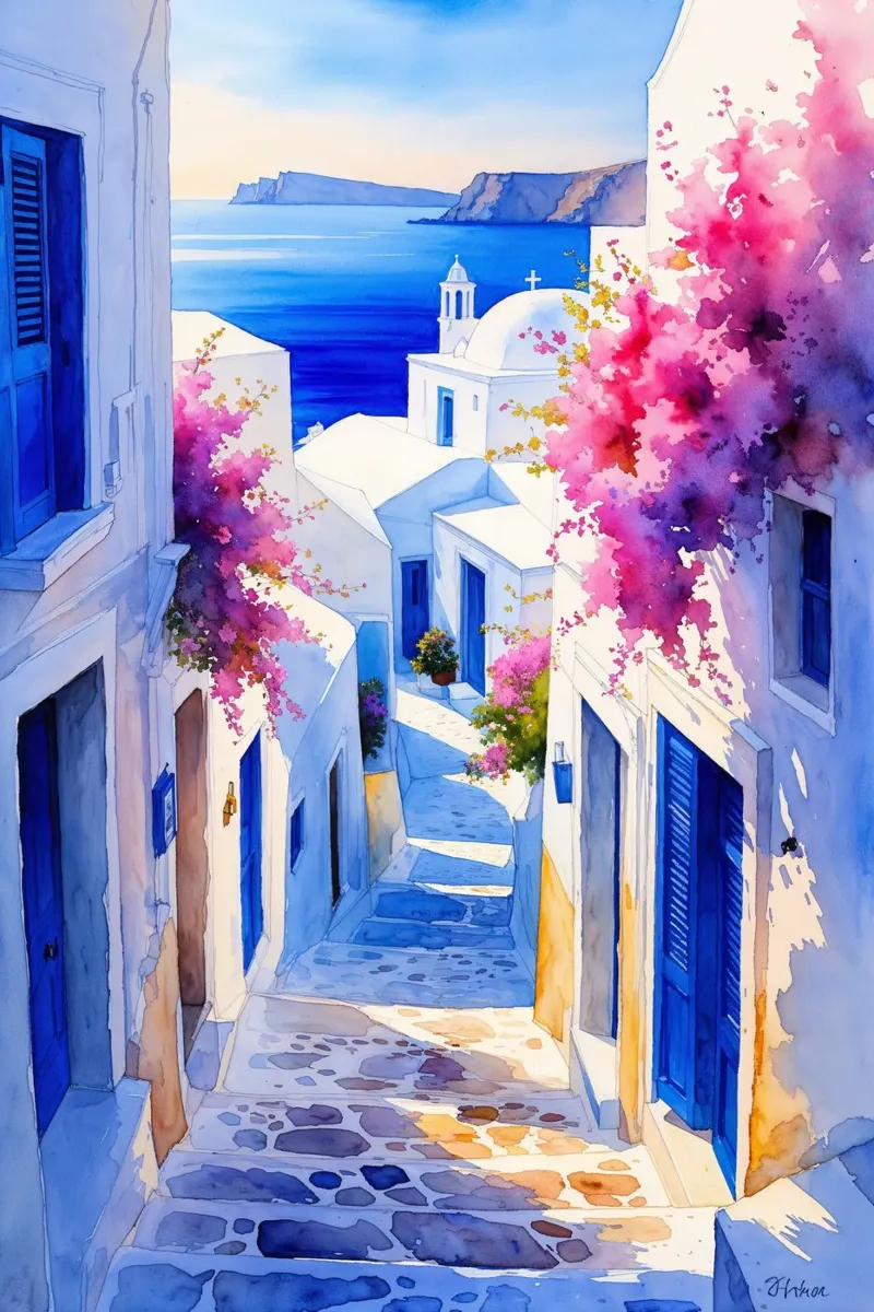 Golden Sunlight in Cycladic Streets poster con telaio in alluminio da AlbertKlee