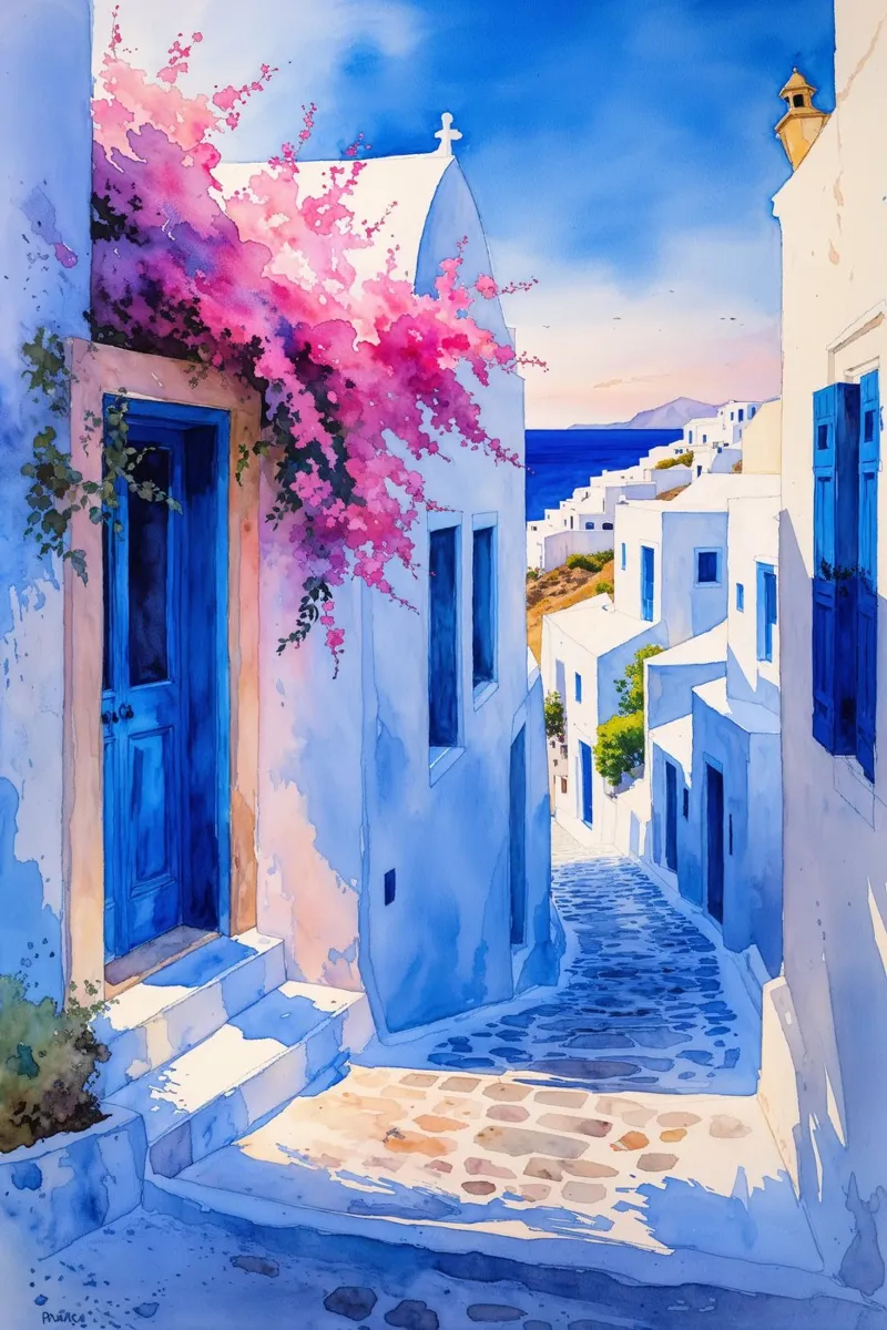 Oia’s Artistic Mediterranean Glow poster con telaio in legno da AlbertKlee