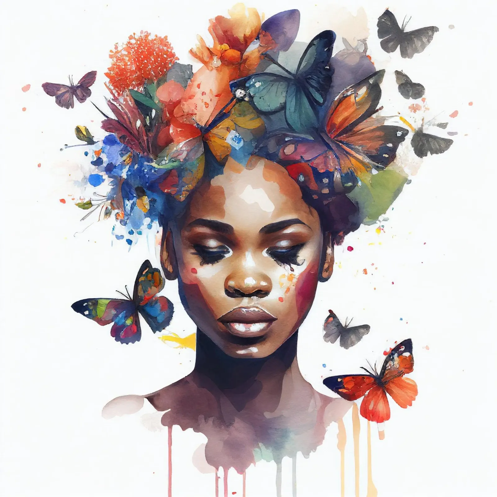 Farfalla acquerellata Donna africana pellicola backlit da Chromatic Fusion Studio