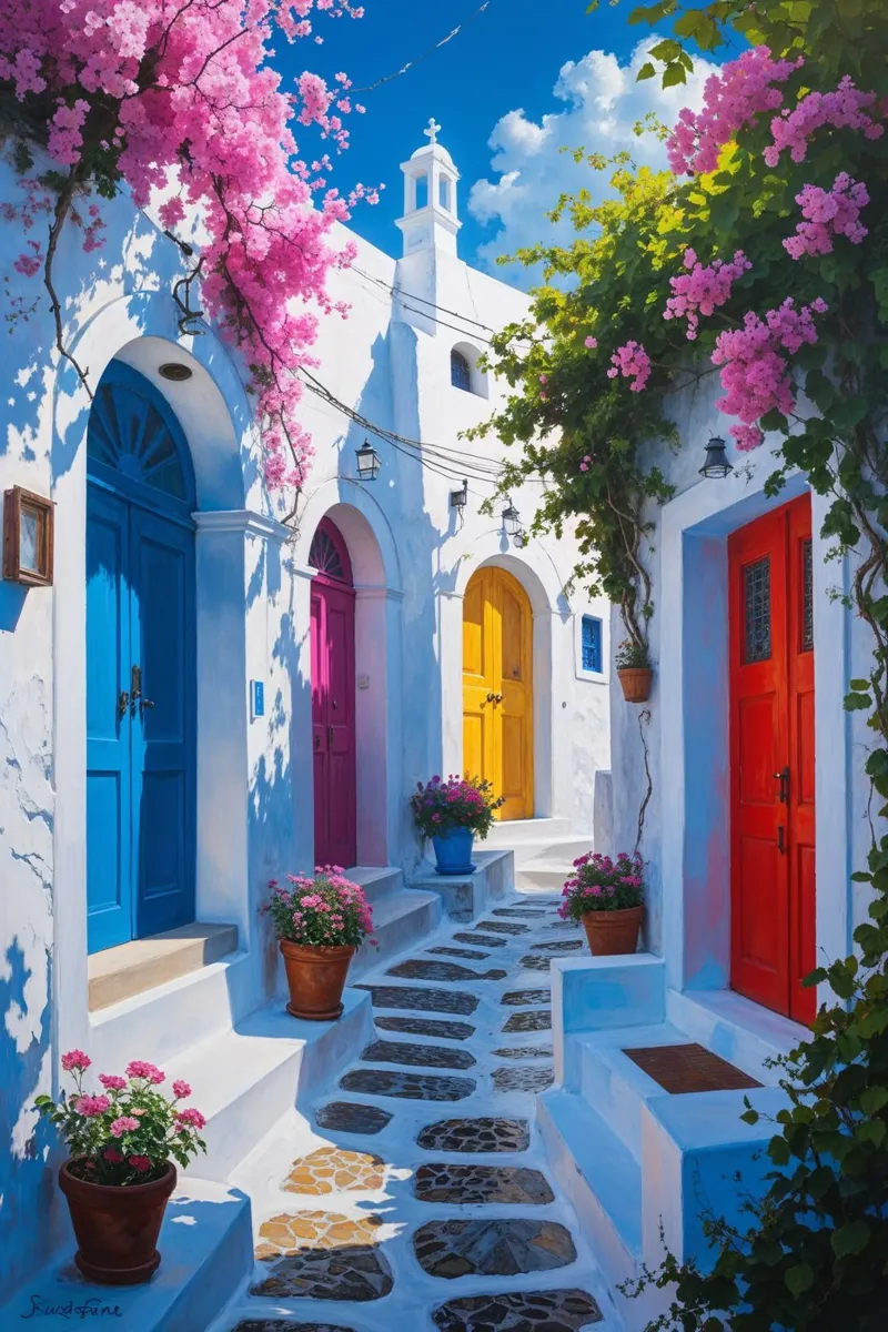 Sunlit Greek Courtyard with Bright Colors poster da AlbertKlee