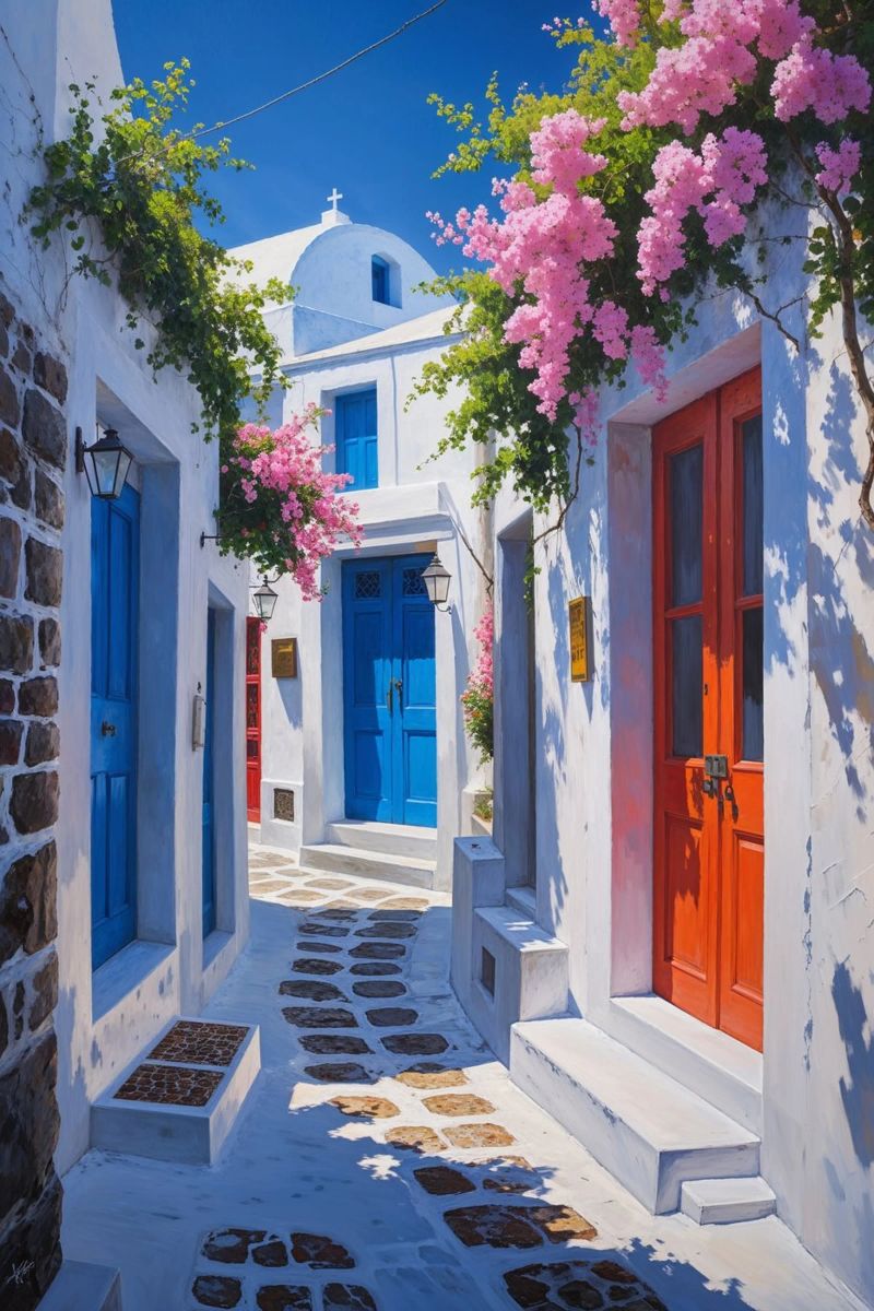 Charming Greek Alleyway with Flowers Poster von AlbertKlee
