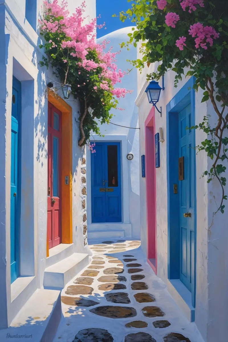 Charming Greek Pathway with Bougainvillea poster con telaio in plastica da AlbertKlee
