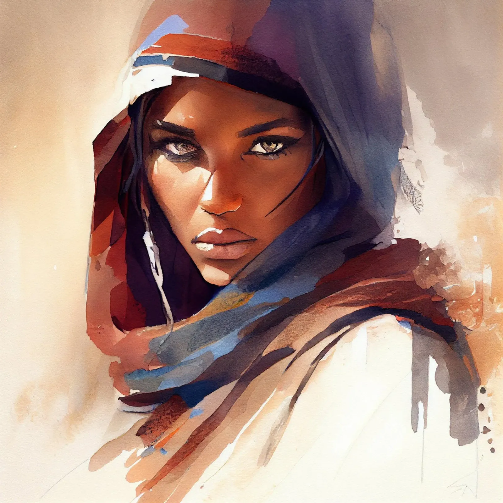 Acquerello Donna Tuareg pellicola backlit da Chromatic Fusion Studio