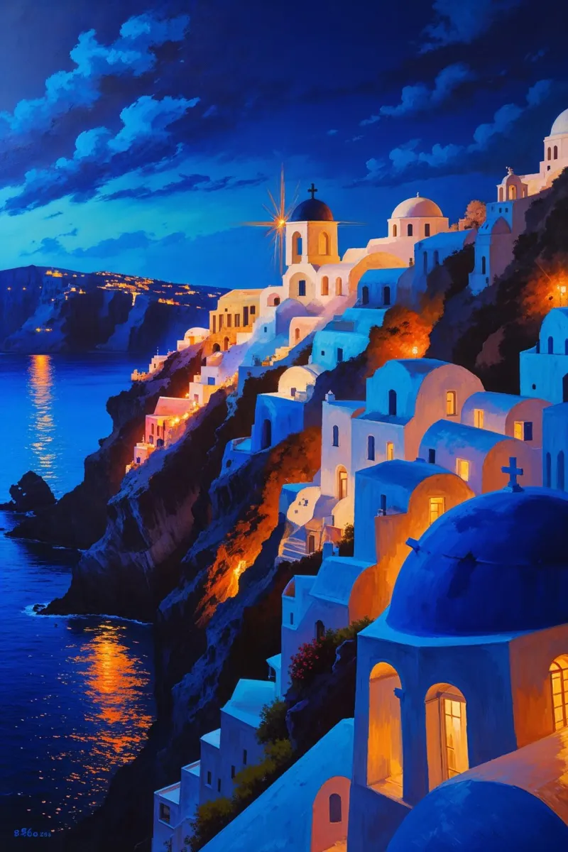 Santorini’s Twinkling Nightscape plexiglass da AlbertKlee
