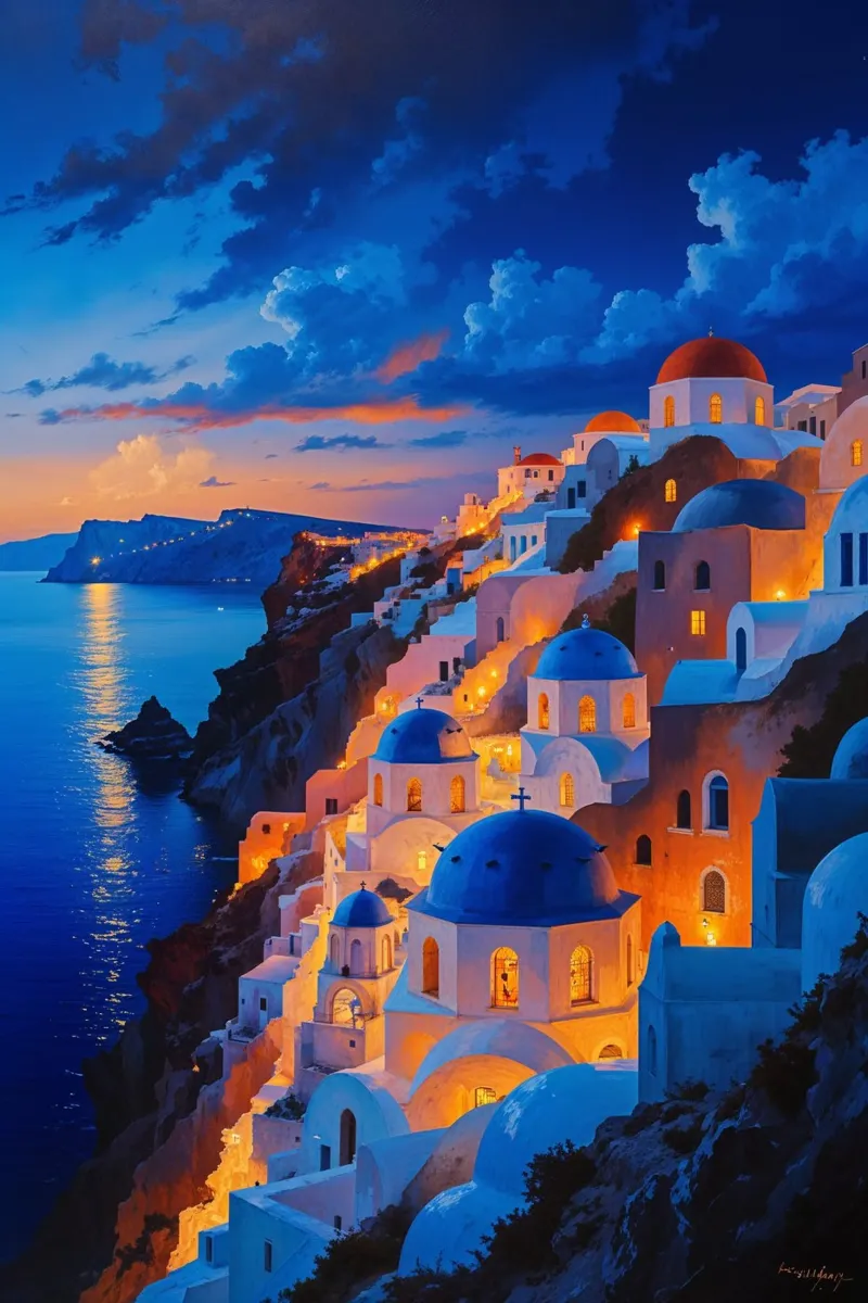 Santorini's Illuminated Nightscape by the Sea plexiglass da AlbertKlee
