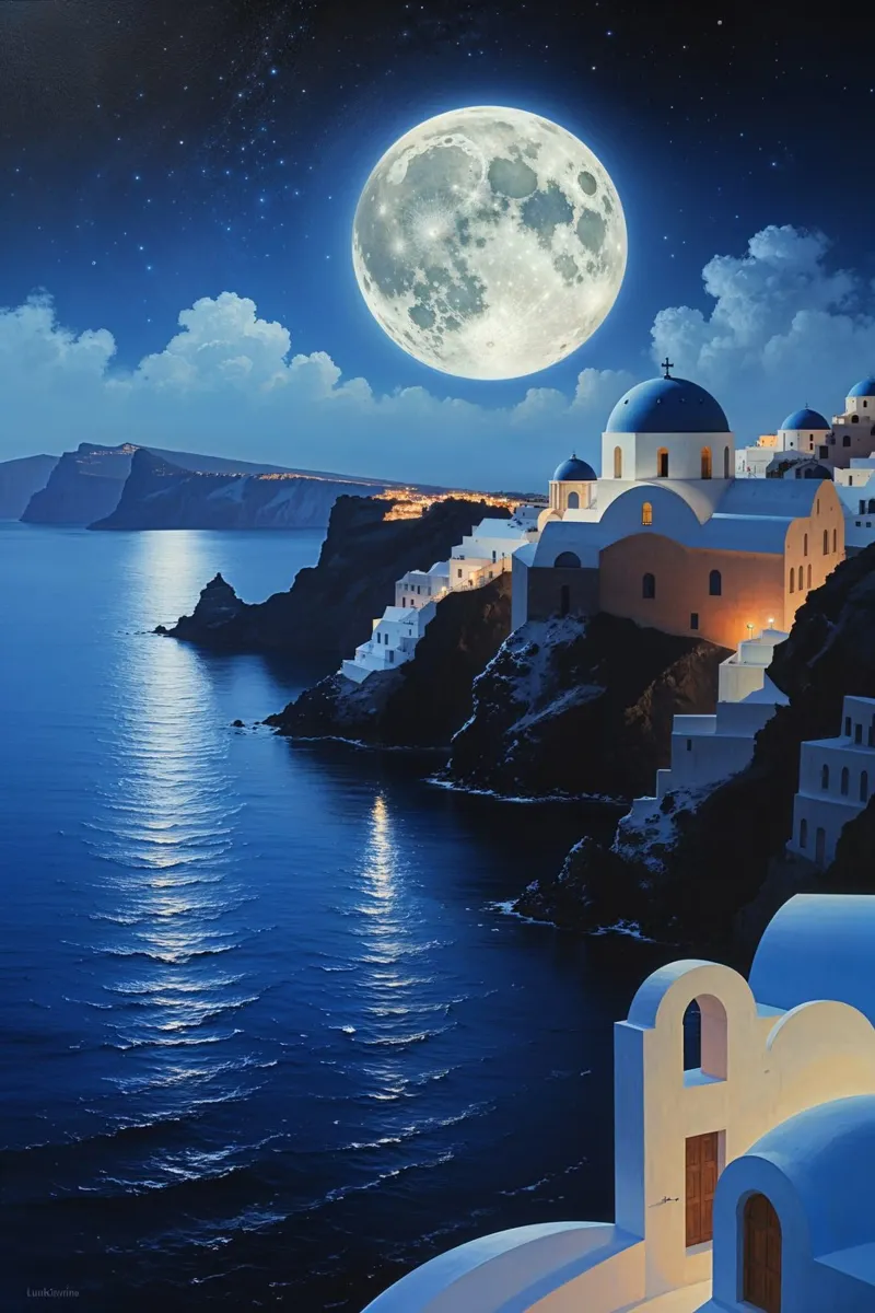 Santorini by Moonlight - Reflective Serenity tela da AlbertKlee
