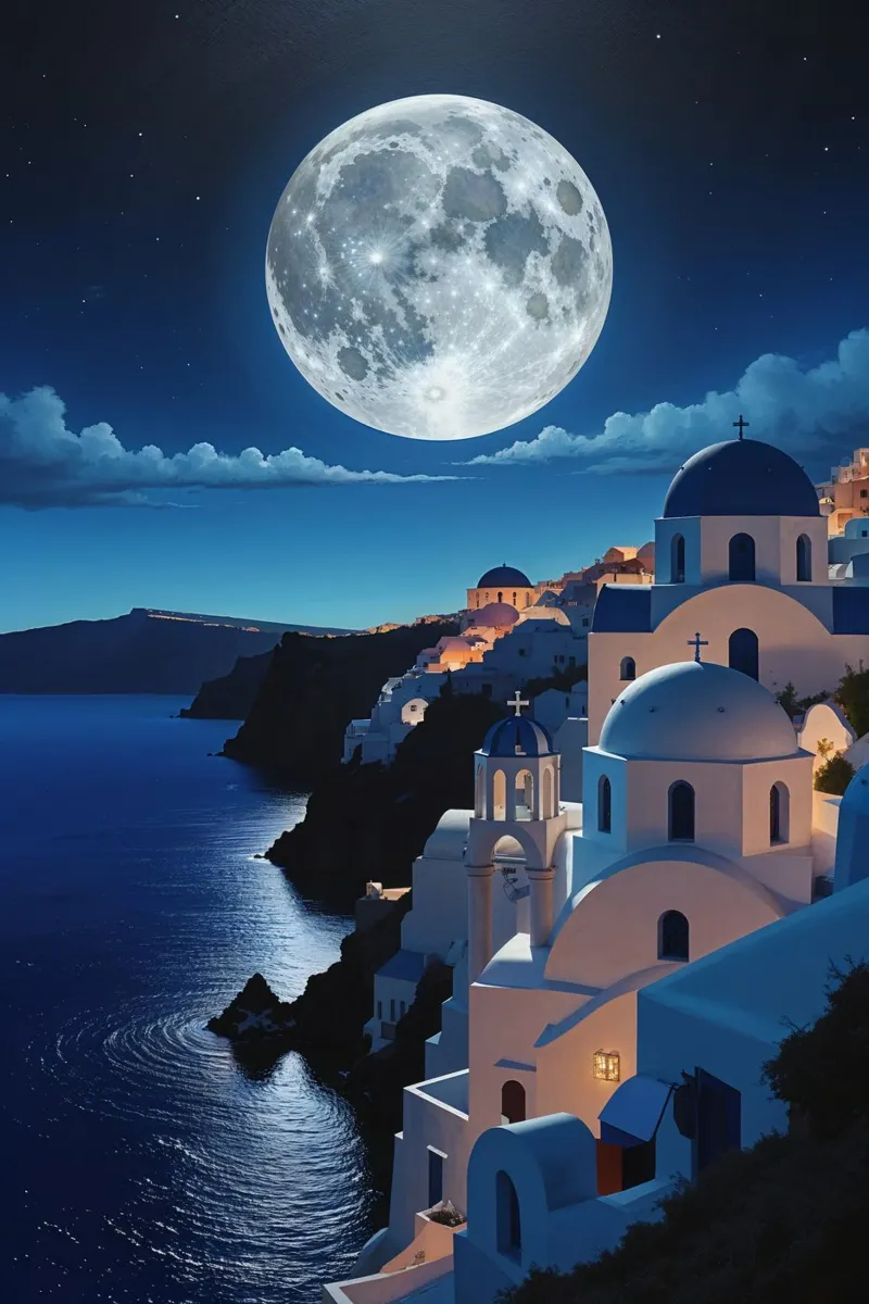 Majestic Santorini Night - Moonlit Views carta hahnemühle da AlbertKlee