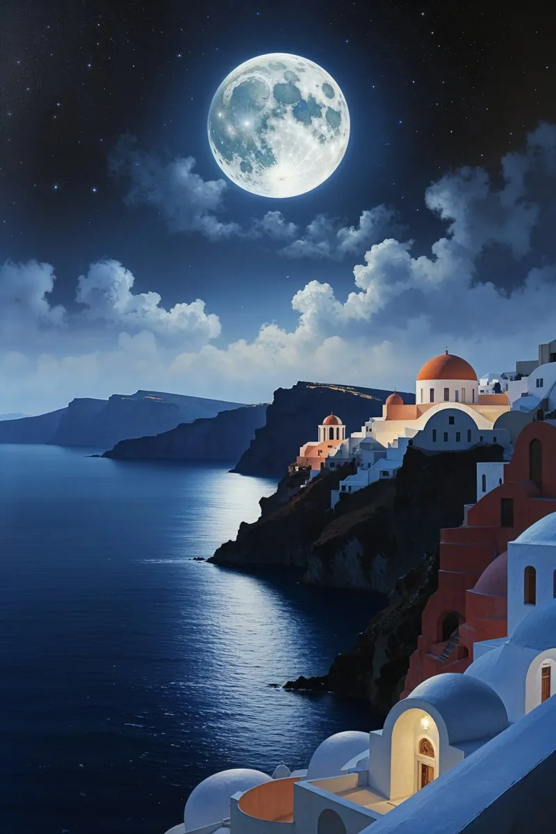 Enchanted Santorini - Moon's Radiance carta hahnemühle da AlbertKlee