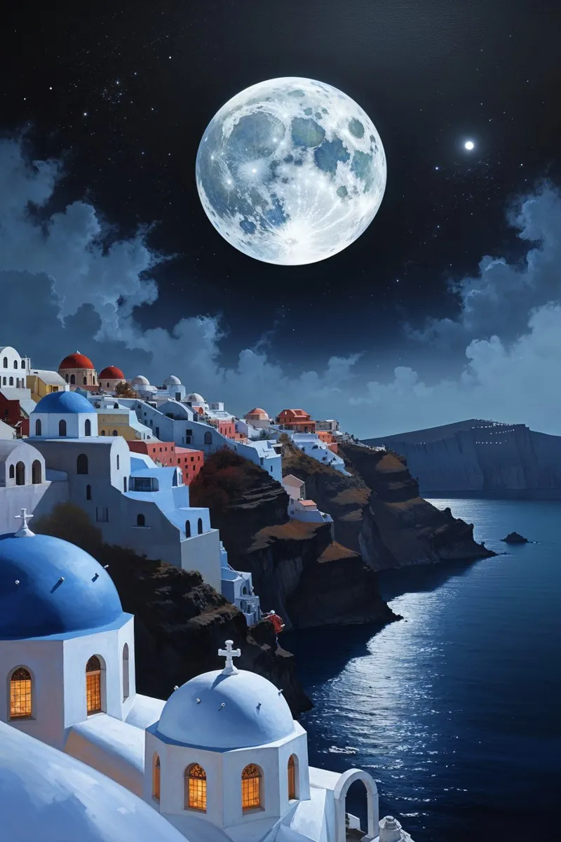 Moonlit Harmony - Santorini's Nocturnal Glow tela da AlbertKlee
