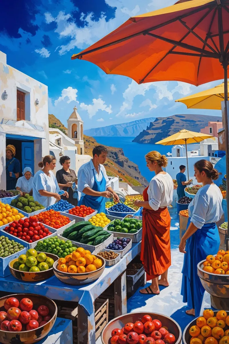 Bustling Market of Fira Overlooking the Caldera poster con telaio in plastica da AlbertKlee