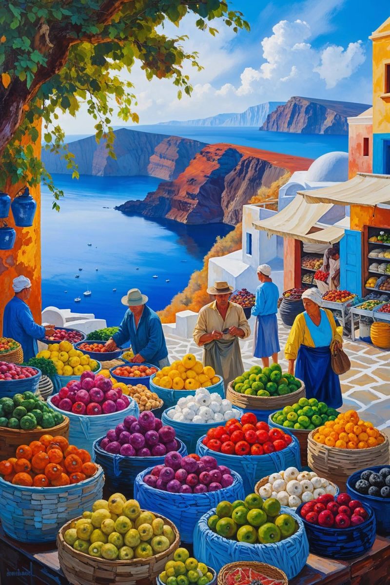 Market Baskets and Scenic Santorini Cliffs poster da AlbertKlee