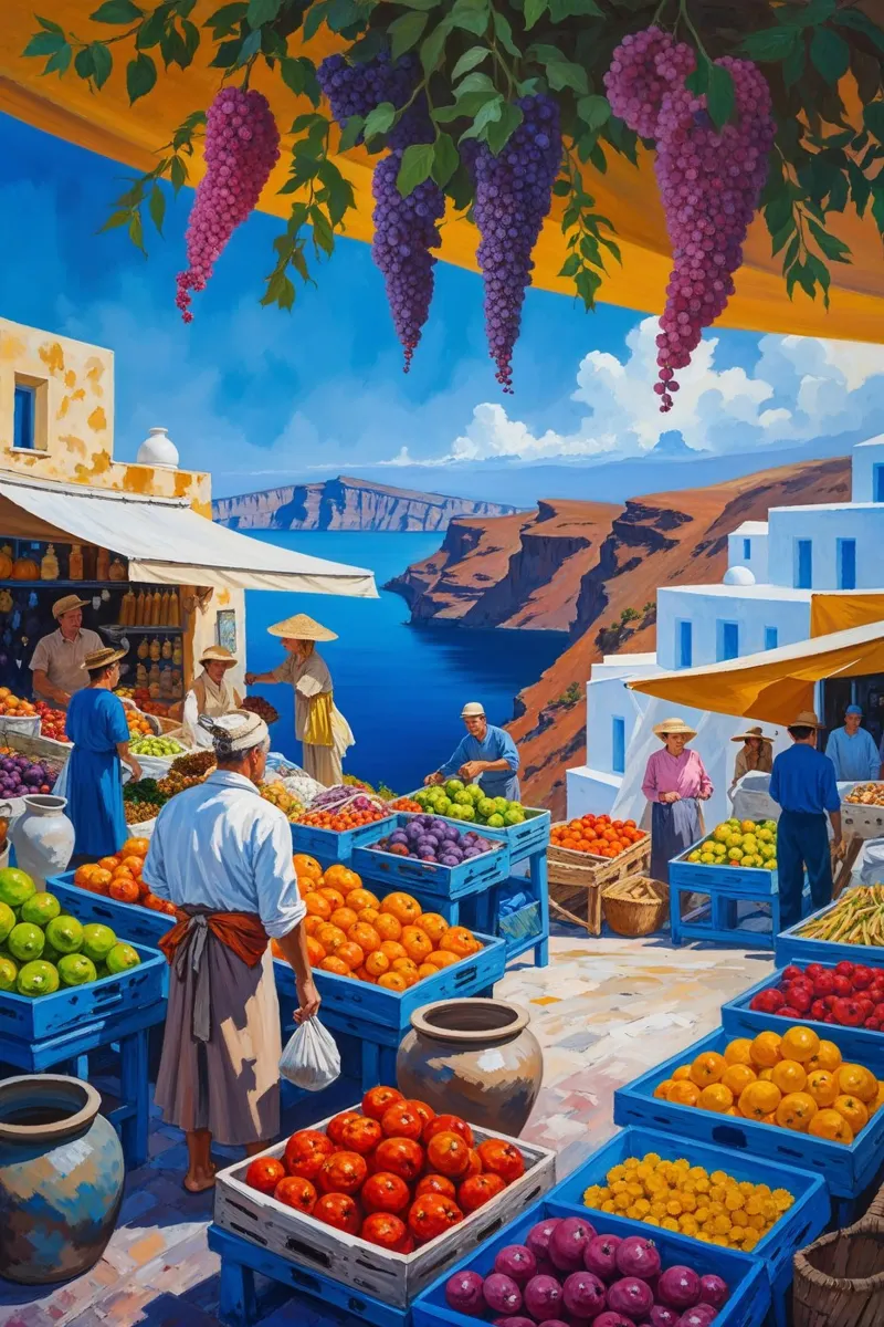 Santorini's Market with Grapevines and Aegean View poster con telaio in legno da AlbertKlee