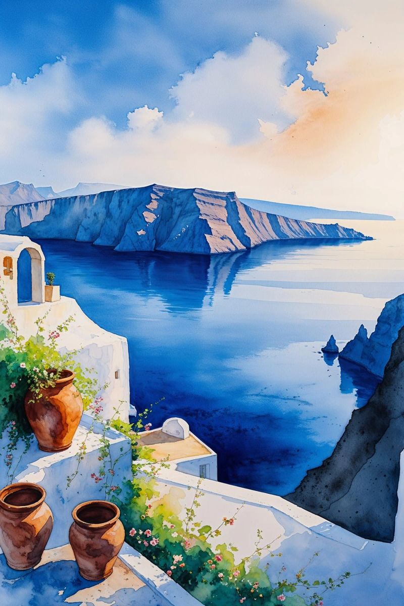Santorini Morning Serenity Poster von AlbertKlee