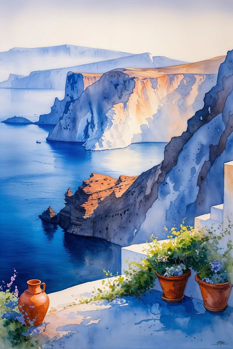 Golden Hour Over Santorini’s Cliffs Poster von AlbertKlee