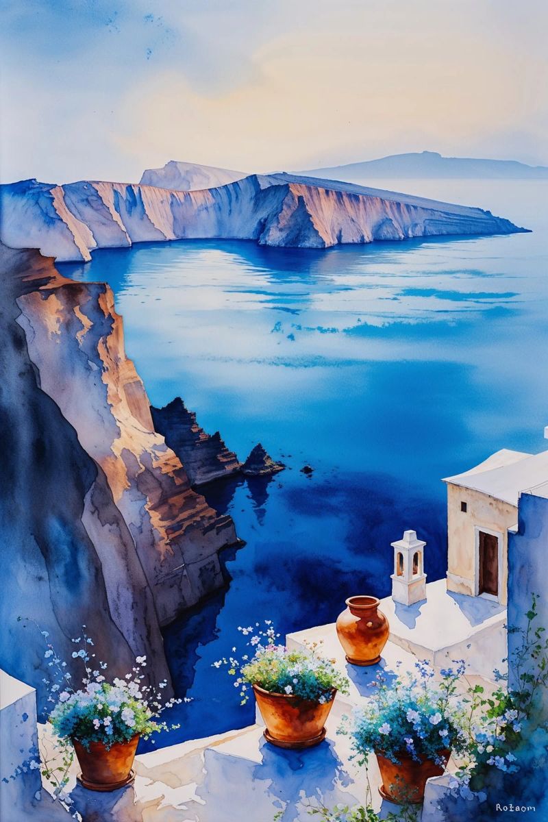 Santorini’s Cliffside Tranquility carta hahnemühle da AlbertKlee