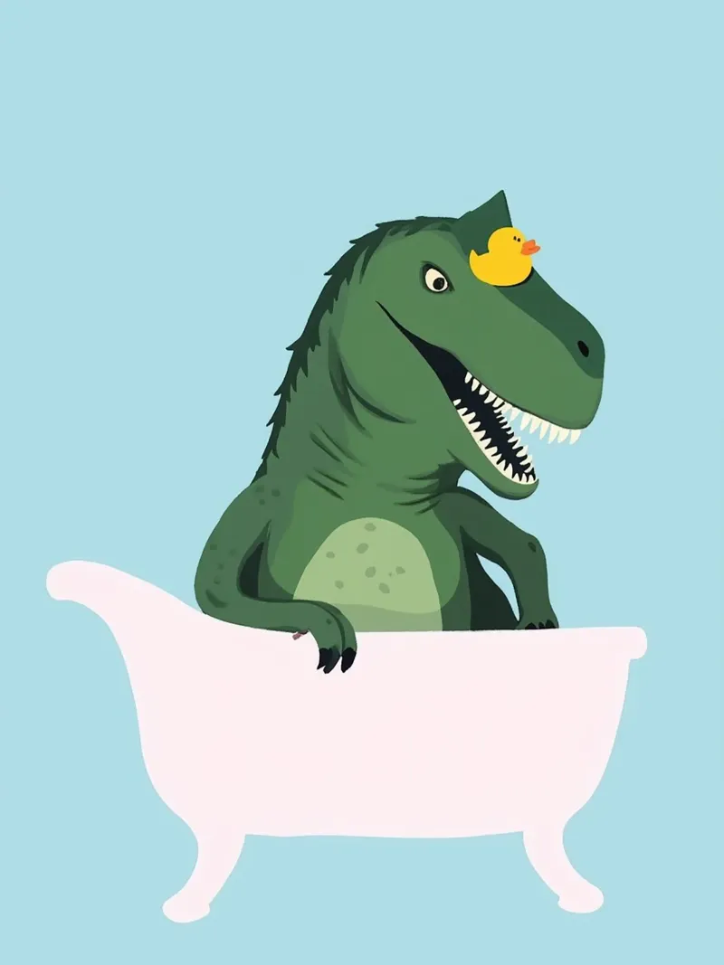 Playful T-Rex  in Bathroom poster con telaio in legno da Attaboy Dsgn