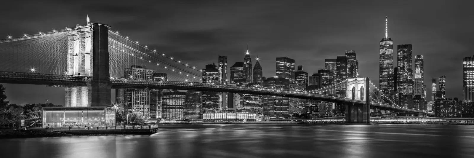Pintoresco Puente de Brooklyn Impresión nocturna Panorama bw aluminio dibond de Melanie Viola
