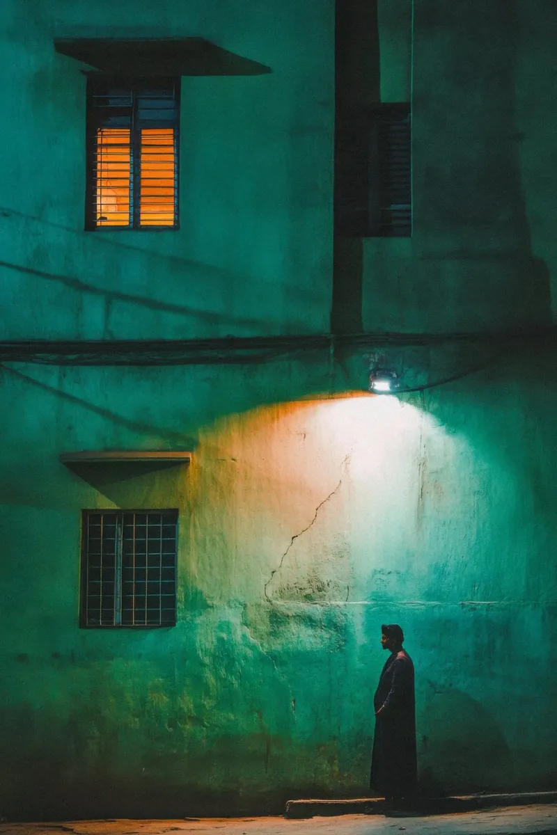 Silhouette and solitude in the shadow of lampposts canvas with Floater frame by By Night