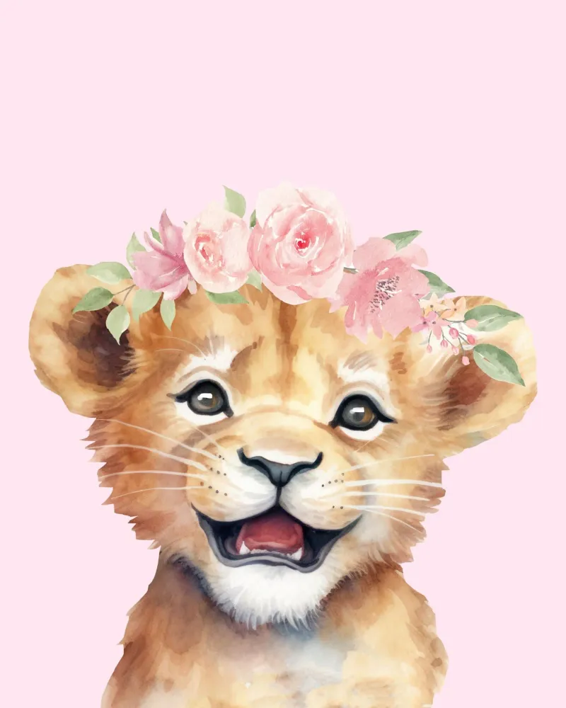 Cucciolo di leone con corona di fiori, poster per la camera dei bambini Safari pellicola backlit da Little Lila