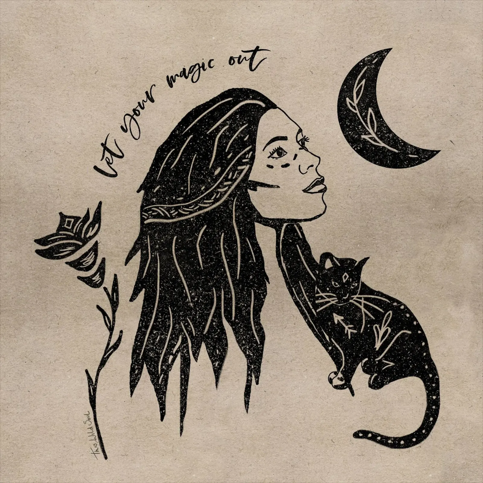 Let Your Magic Out - typographical moon, cat illustration canvas with Floater frame by This Wild Soul - Illustration