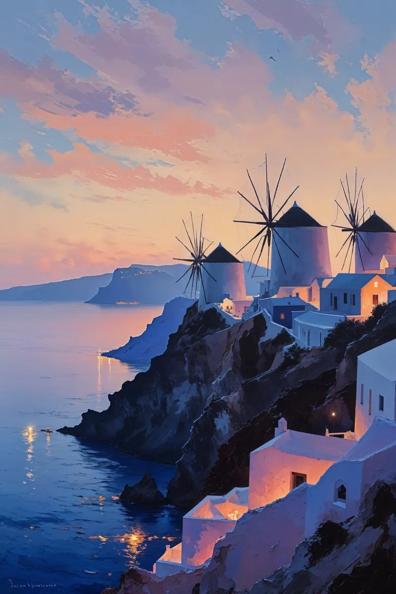 Santorini Windmills at Sunset carta hahnemühle da AlbertKlee