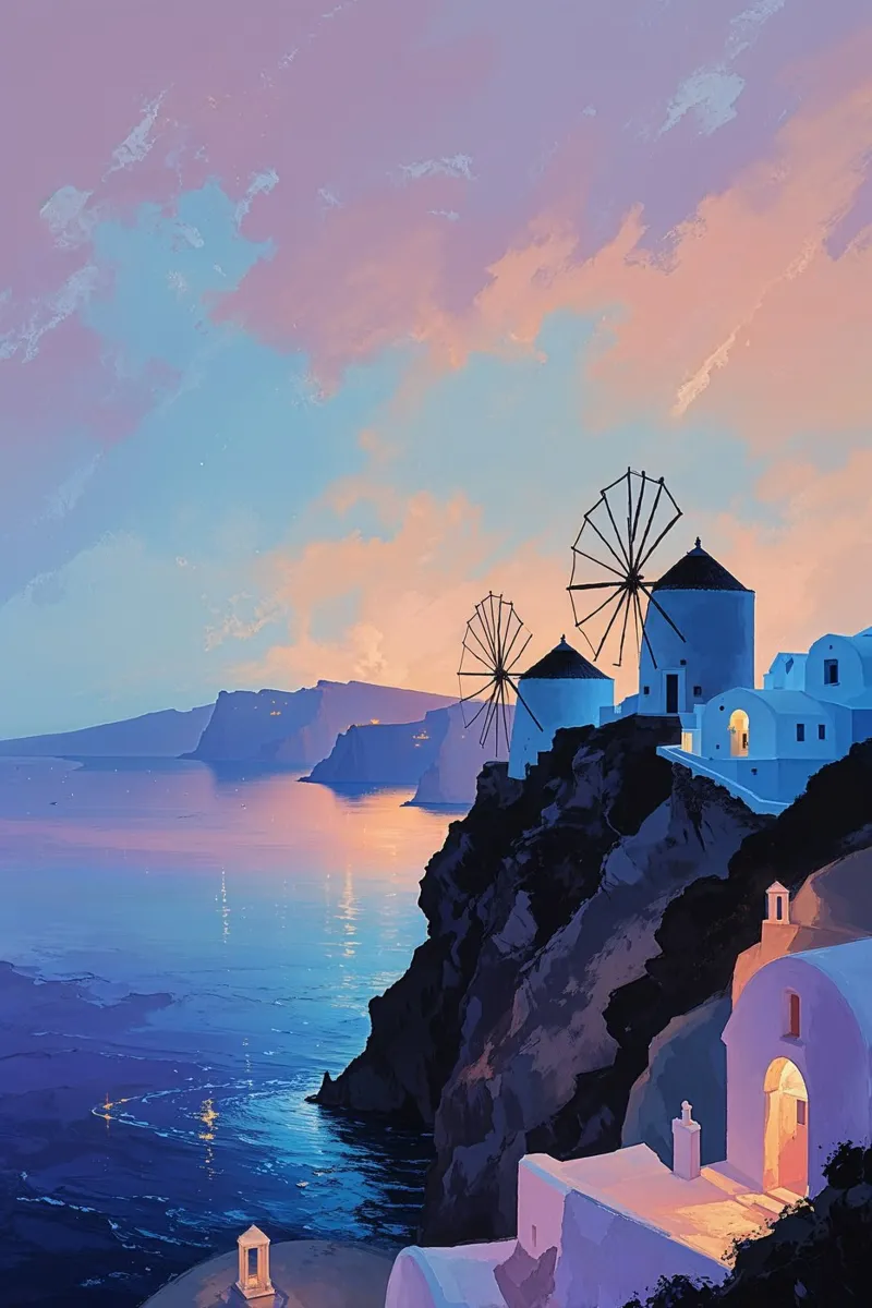 Twilight over Santorini Windmills plexiglass da AlbertKlee