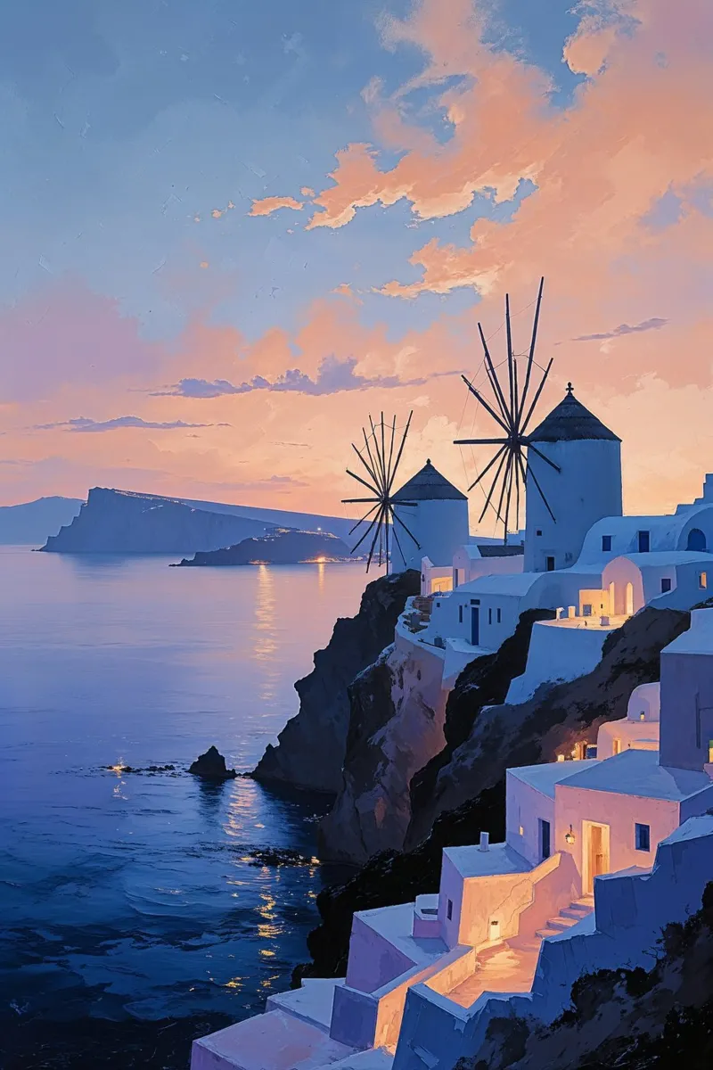 Evening Lights and Windmills of Santorini poster da AlbertKlee