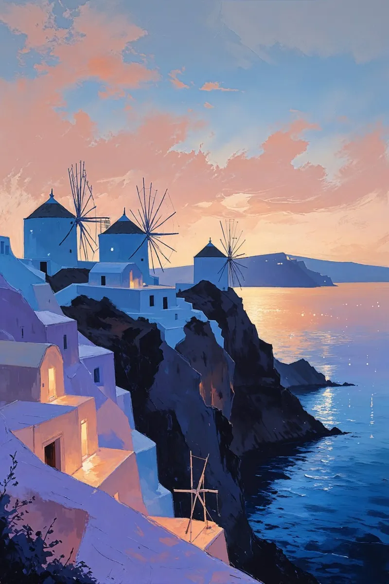 Pastel Dreams of Santorini's Windmills plexiglass da AlbertKlee