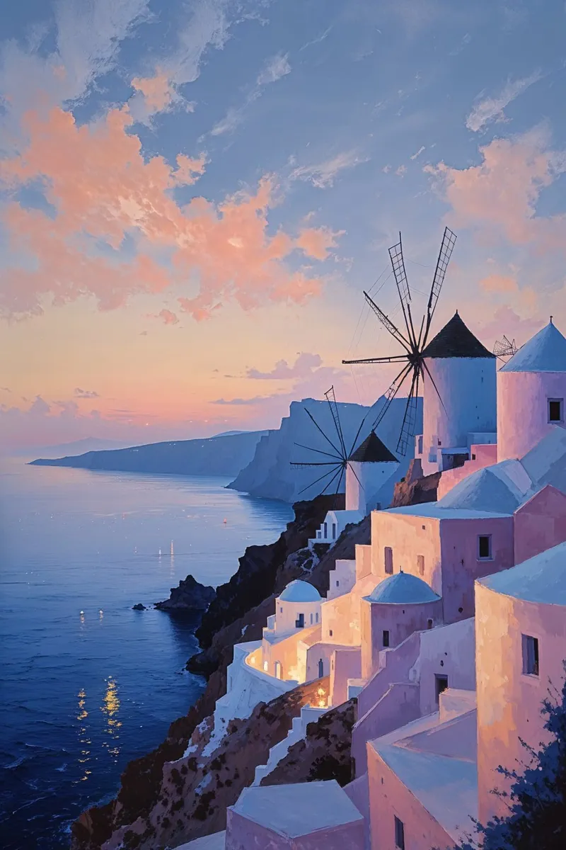 Santorini's Windmills and Sunset Glow carta hahnemühle da AlbertKlee