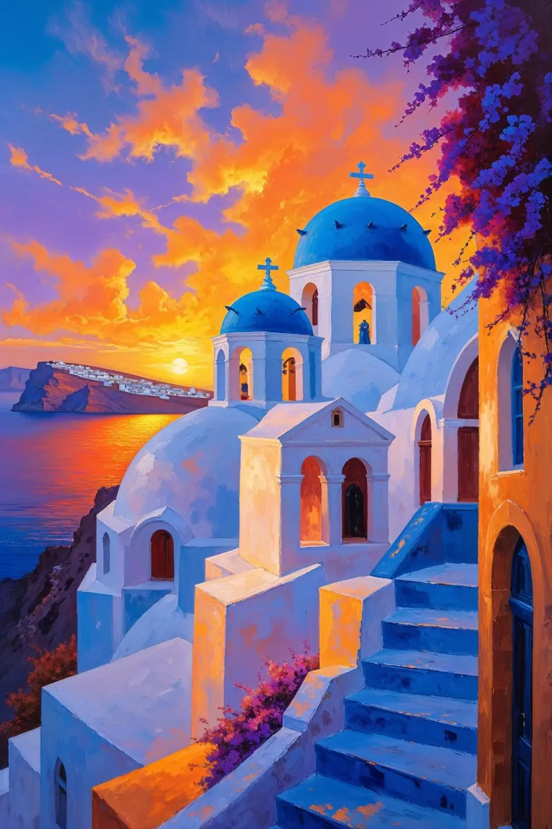 Santorini’s Charm: Sunset and Architecture canvas van AlbertKlee