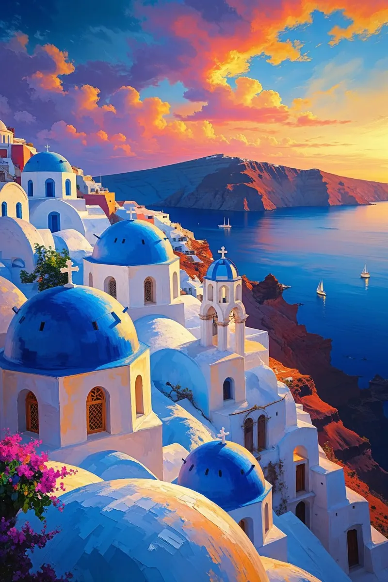 Santorini's Iconic Sunset Domes carta hahnemühle da AlbertKlee
