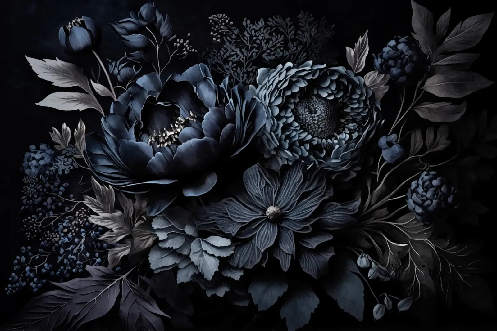 Renaissance Vibes Azul acero Moody Flores opulentas hahnemühle de Andrea Haase Floral Passion