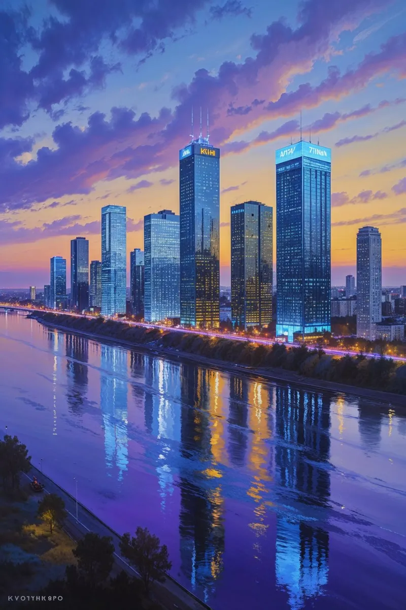 Kyiv’s Reflective Cityscape at Dusk poster da AlbertKlee