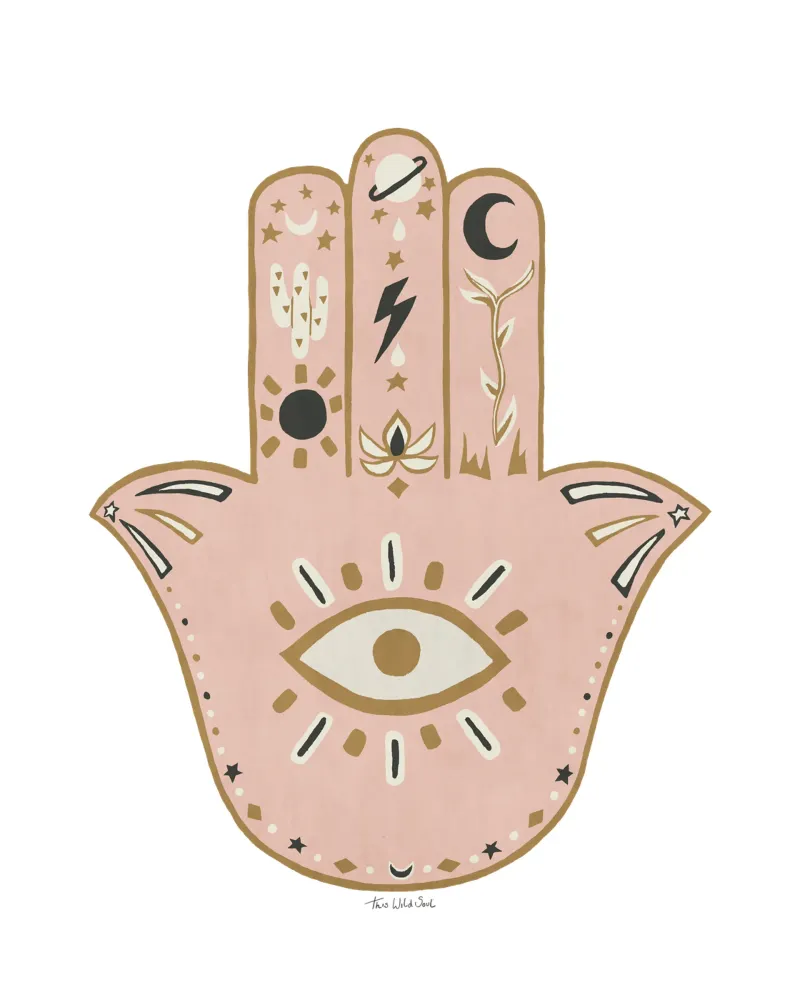 Mano Hamsa Boho, occhio maligno pacifico Rosa pastello, ocra poster con telaio in plastica da This Wild Soul - Illustration
