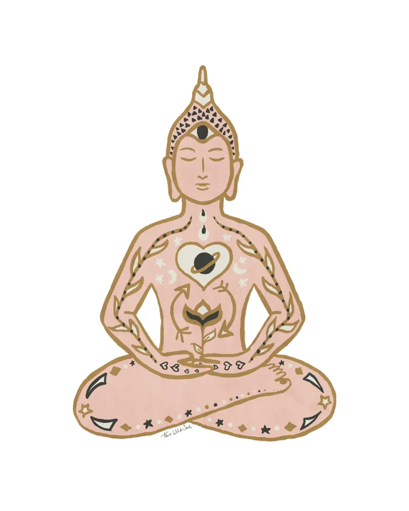 Das Leben wächst im Innern - Boho Meditierender Sitzender Buddha Chakras Poster mit Holzrahmen von This Wild Soul - Illustration