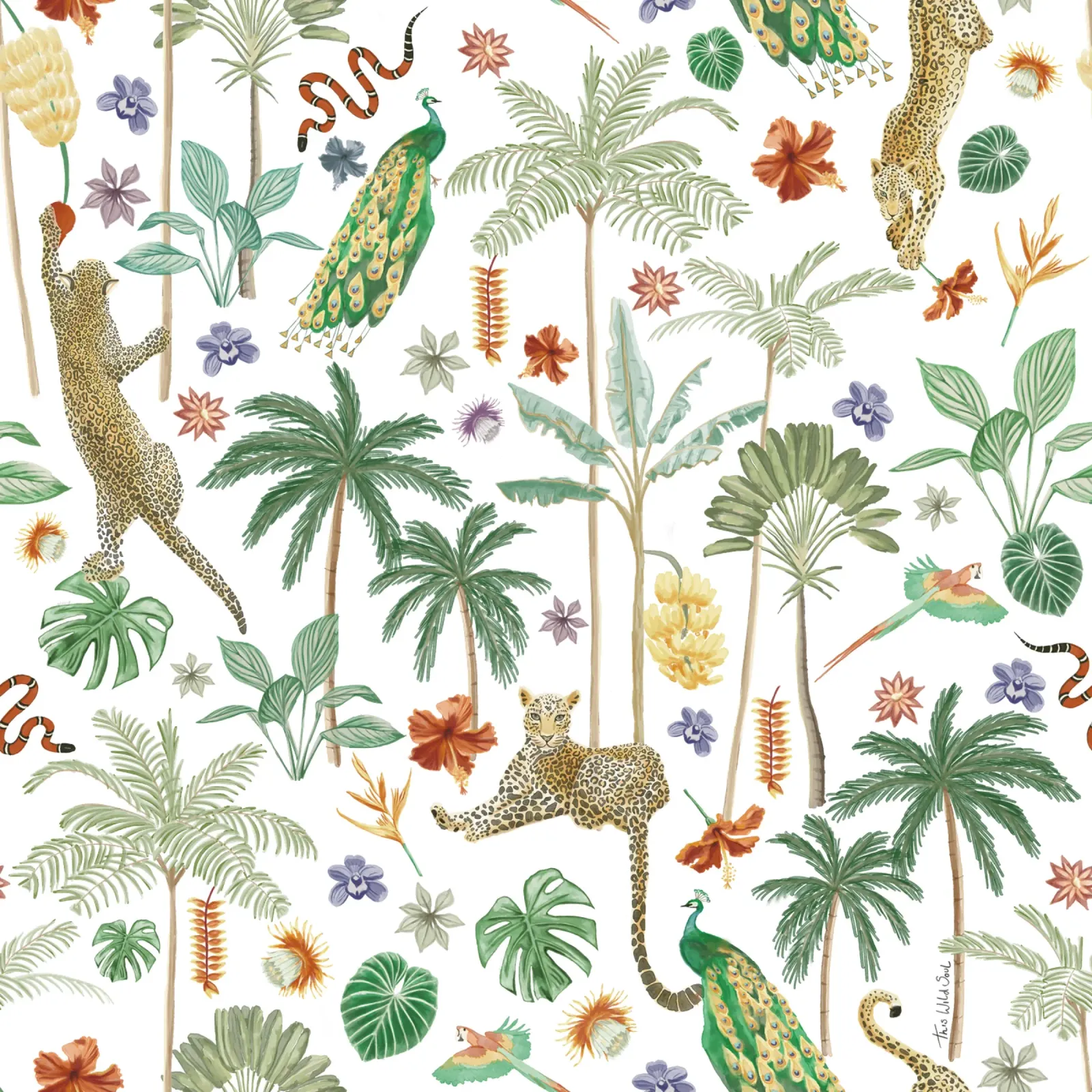 Giungla tropicale, giaguaro, pavone, motivo vegetale botanico poster con telaio in plastica da This Wild Soul - Illustration