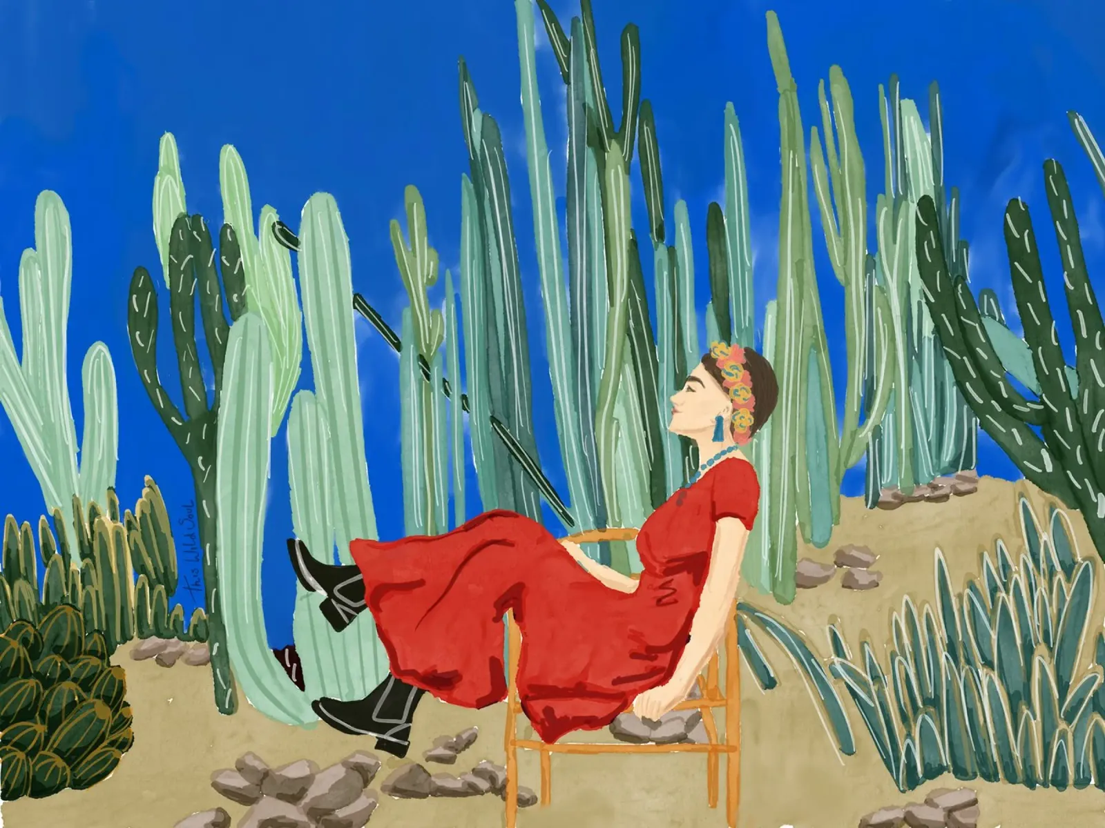 Frida Khalo nel suo giardino di cactus blu La Casa Azul poster con telaio in plastica da This Wild Soul - Illustration