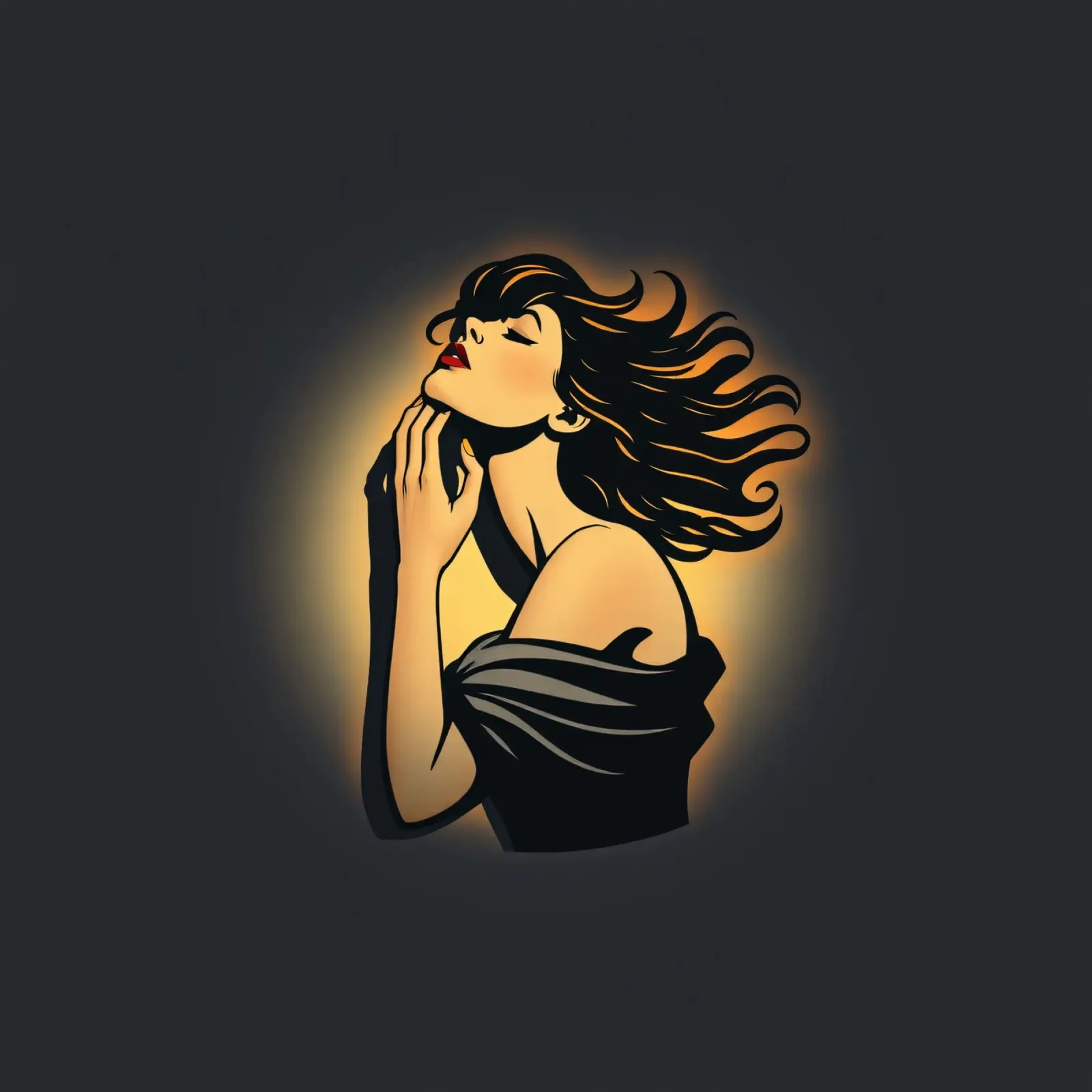 Donna elegante con capelli fluenti in profonda contemplazione contro pellicola backlit da DesignDoodle