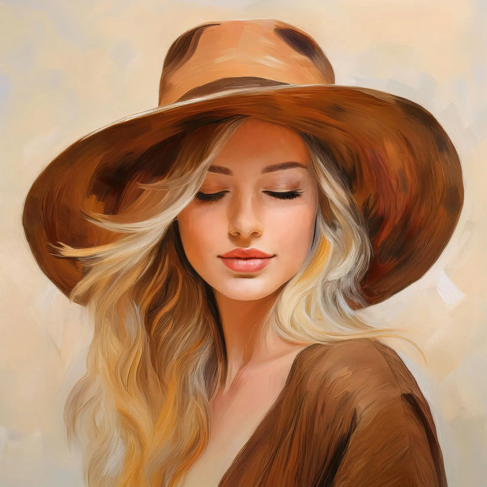 Ritratto di donna con cappello in marrone beige colori della natura pellicola backlit da Take Your Art BV