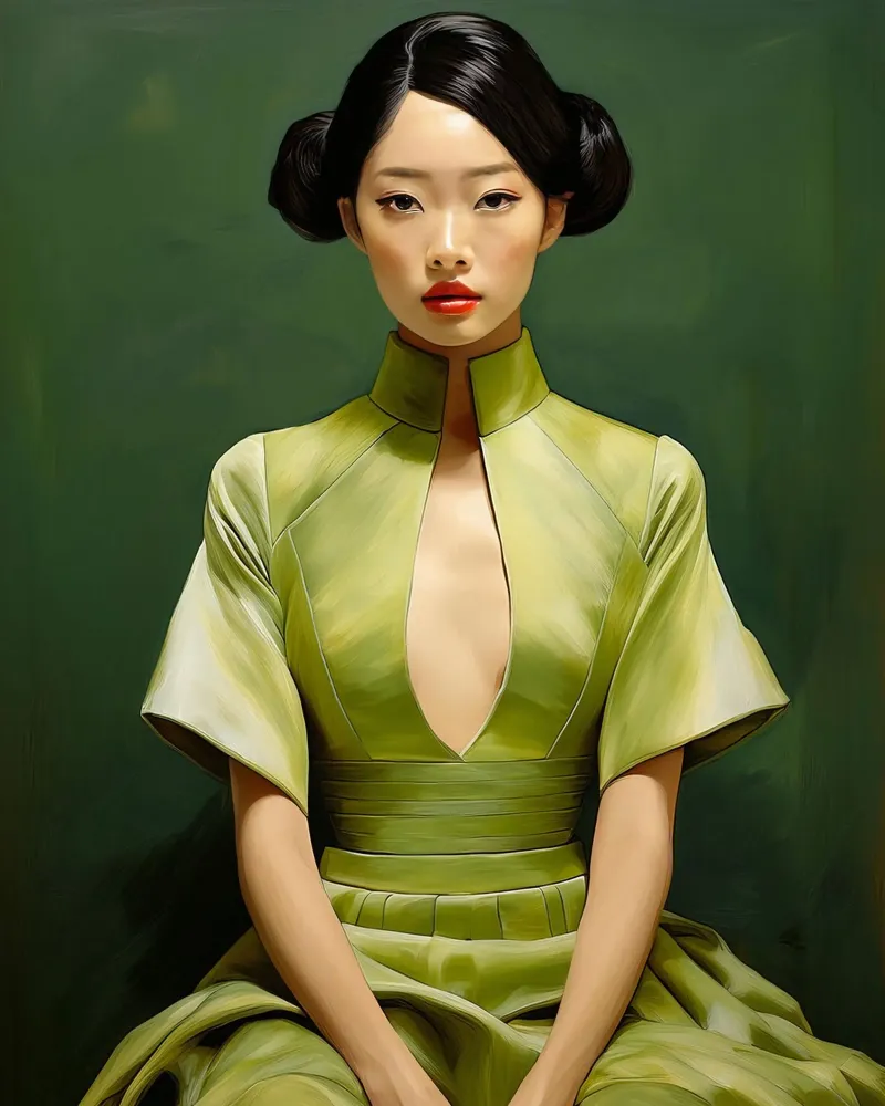 Ritratto donna giapponese in abito verde poster con telaio in legno da Take Your Art BV