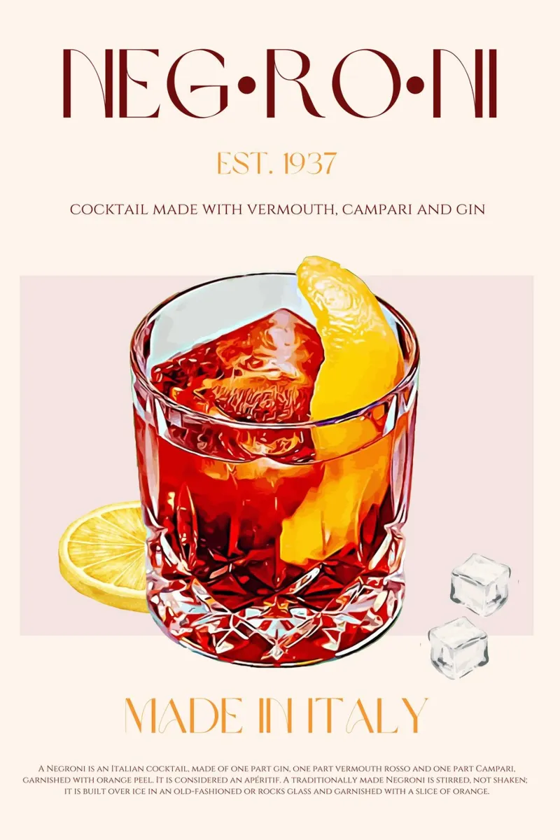 Negroni Cocktail Print poster con telaio in legno da KOKRPrints