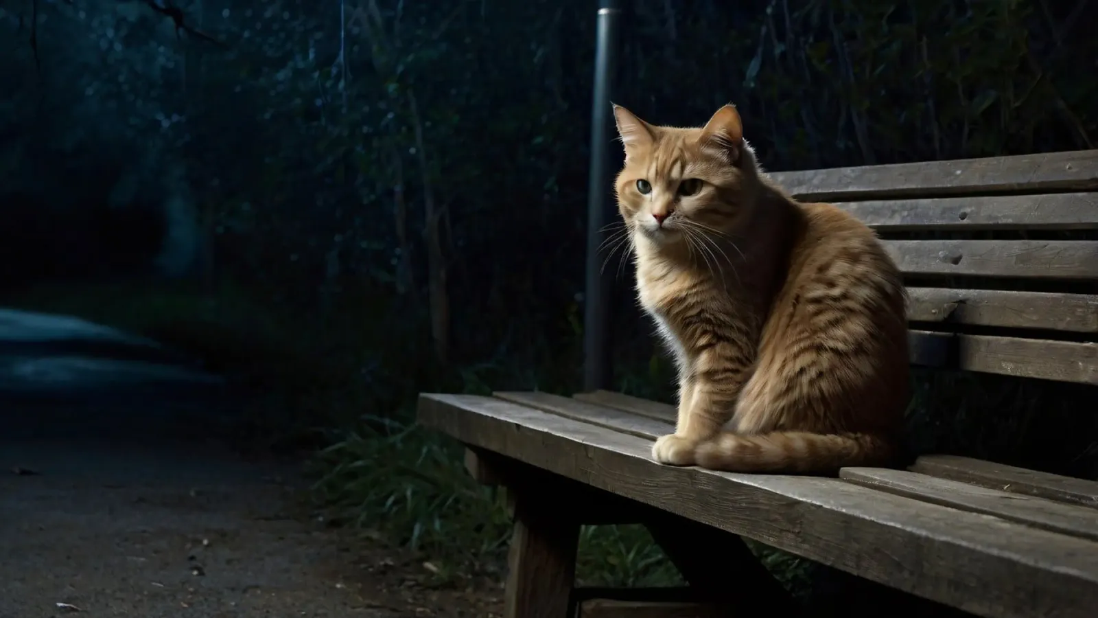 Eine einsame orange getigerte Katze sitzt auf einer Holzbank Poster mit Kunststoffrahmen von DesignDoodle