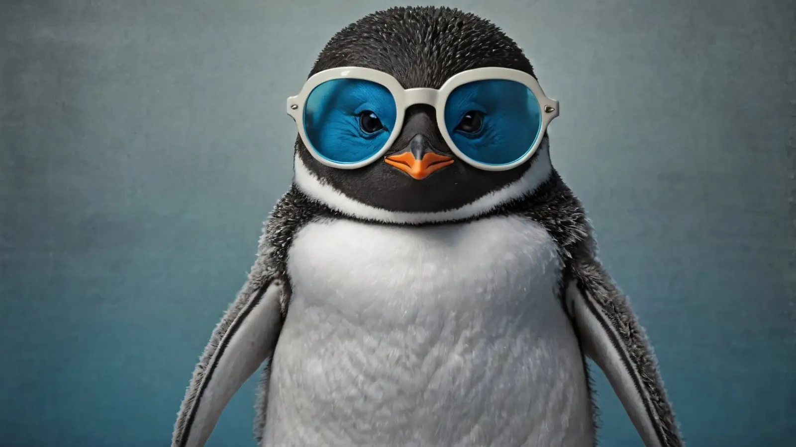 Un elegante pinguino che indossa occhiali da sole blu posa con sicurezza poster con telaio in alluminio da DesignDoodle