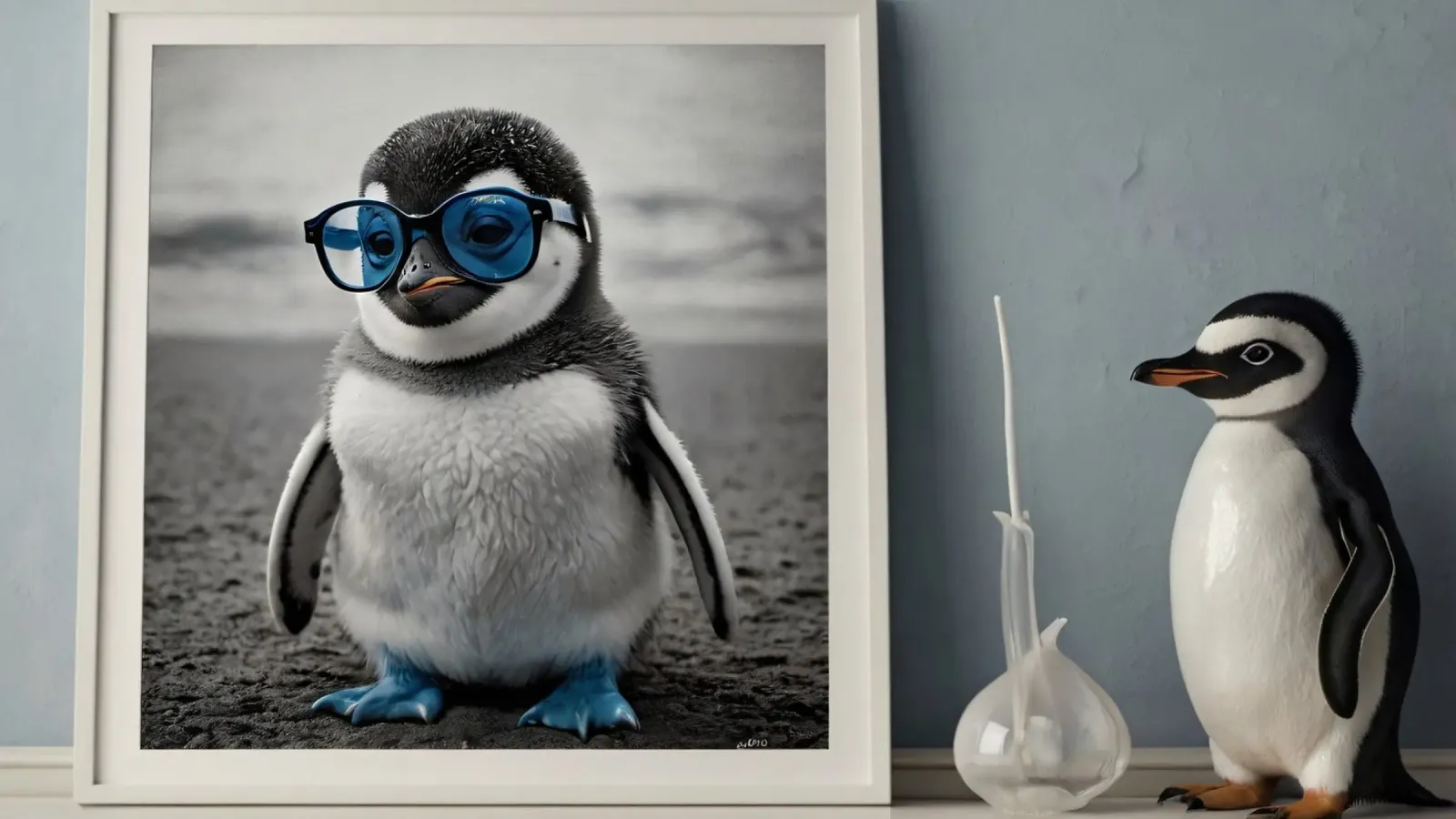Un simpatico pinguino con gli occhiali blu è in piedi accanto a una decorazione pellicola backlit da DesignDoodle