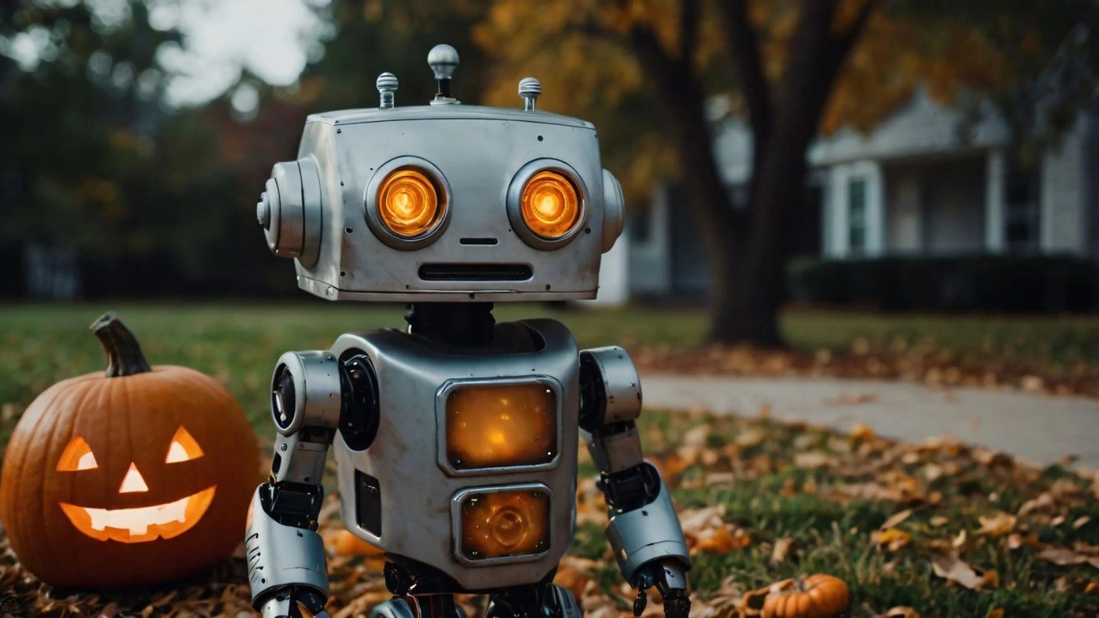 Un robot vintage si trova accanto a una zucca intagliata durante l'autunno pellicola backlit da DesignDoodle