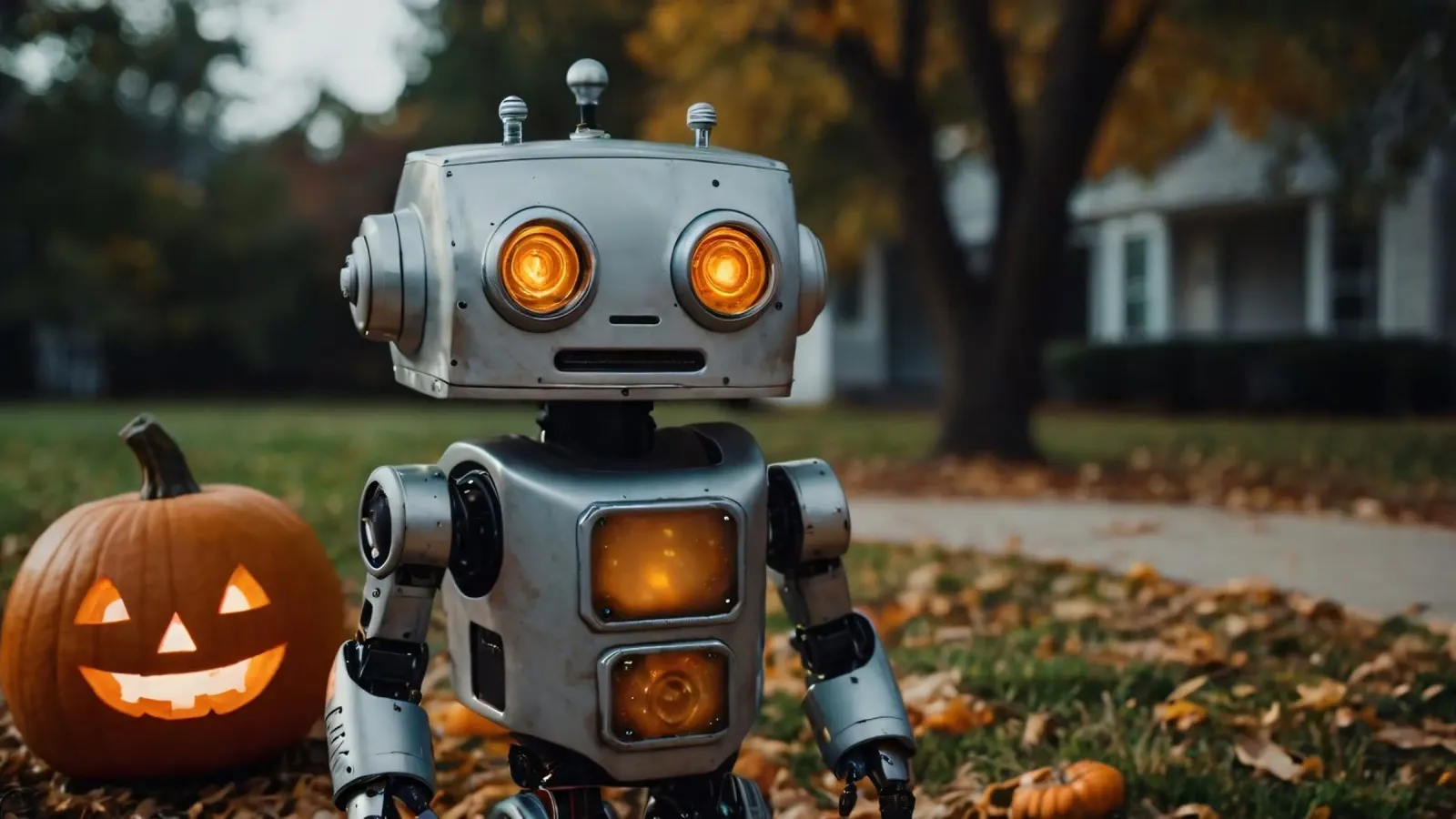 Un robot vintage si trova accanto a una zucca intagliata durante l'autunno pellicola backlit da DesignDoodle
