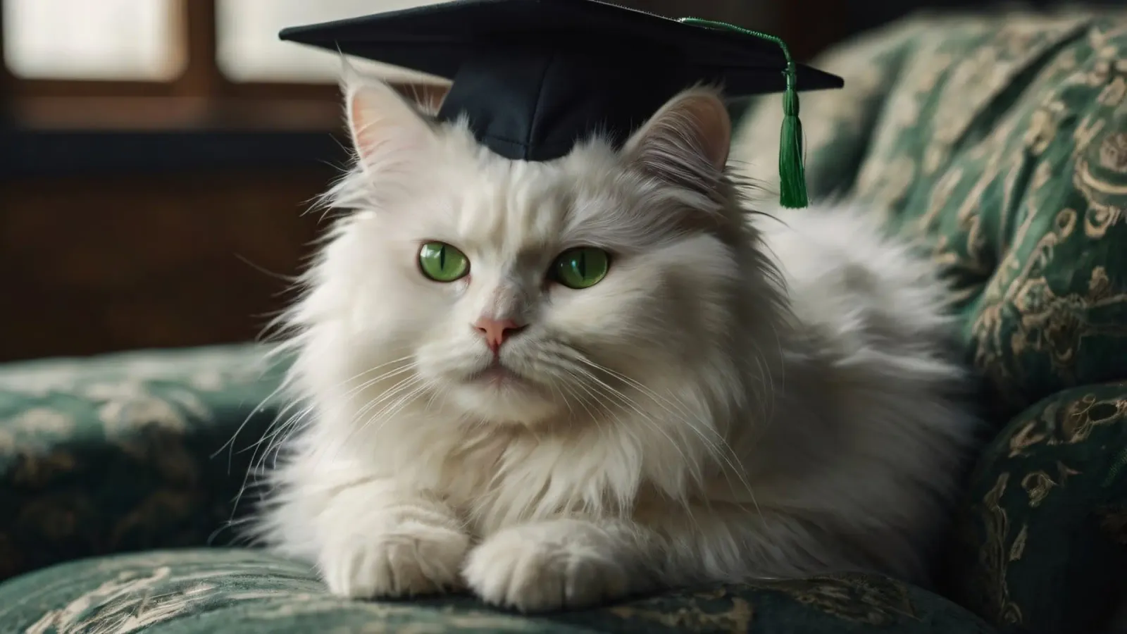 Un gatto bianco e soffice che indossa un cappello da laurea riposa poster con telaio in legno da DesignDoodle