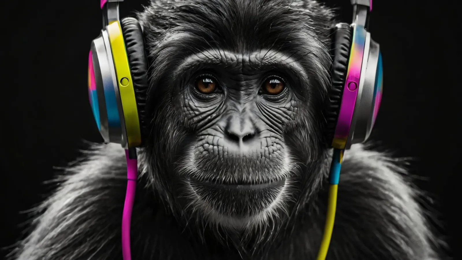 un gorilla che indossa cuffie colorate e si gode la musica poster con telaio in alluminio da DesignDoodle