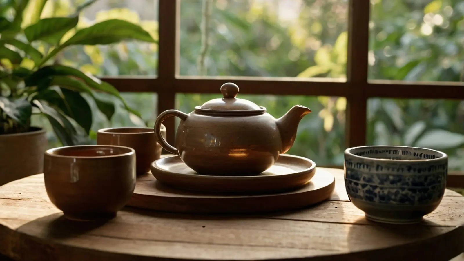serene tea setup on a wooden table surrounded by lush green canvas by DesignDoodle