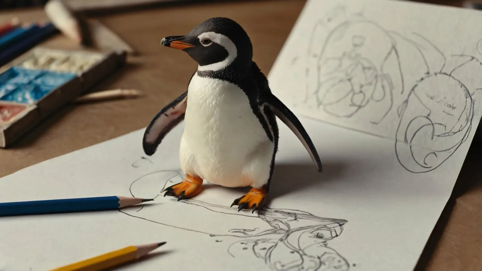 A cute penguin stands on an art table surrounded by sketches canvas with Floater frame by DesignDoodle